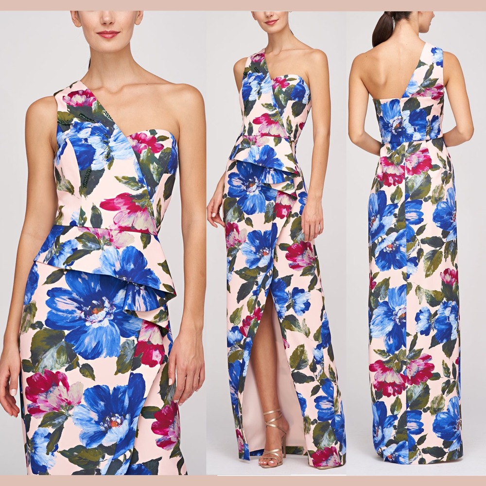 NEW $328 Kay Unger [ 10 ] Laurel One Shoulder Floral Ruffle Side Gown Pink S2043